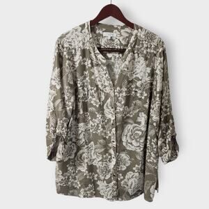 Coral Bay Woman Linen Blend Button Shirt 2X Green‎ Tropical Floral 3/4 Pockets